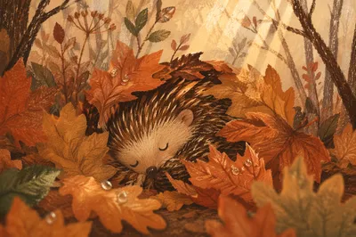 Cute Hedgehog Curled in Autumn Leaves