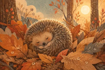 Cute Hedgehog Curled in Autumn Leaves