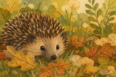 Cute Hedgehog Curled in Autumn Leaves