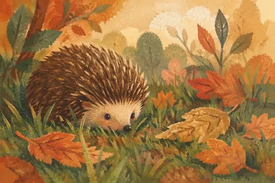 Cute Hedgehog Curled in Autumn Leaves