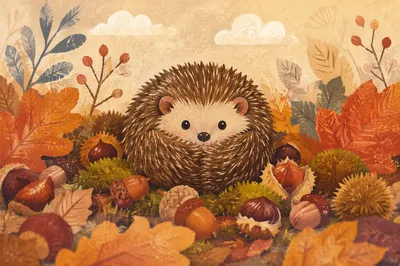 Cute Hedgehog Curled in Autumn Leaves