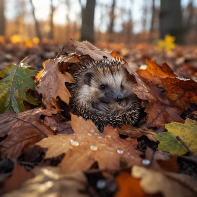 Cute Hedgehog Curled in Autumn Leaves