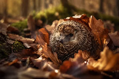 Cute Hedgehog Curled in Autumn Leaves