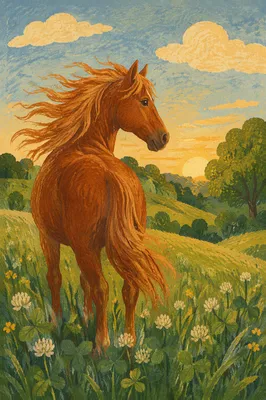 Chestnut Horse in Windy Green Pasture