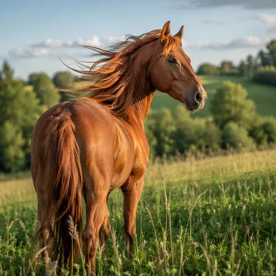 Chestnut Horse in Windy Green Pasture