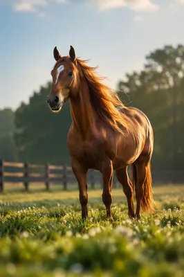 Chestnut Horse in Windy Spring Pasture