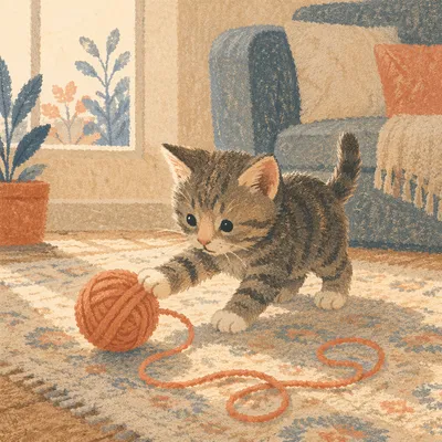 Curious Tabby Kitten With Yarn Ball