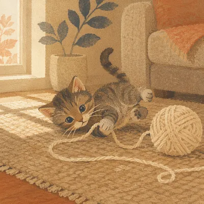 Playful Tabby Kitten with Cream Yarn
