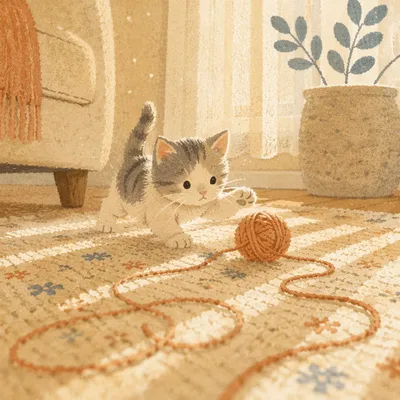 Playful Kitten with Yarn on Carpet