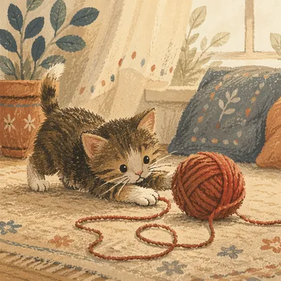 Playful Fluffy Kitten With Red Yarn