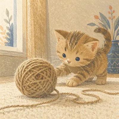 Fluffy Kitten Playing with Jute Yarn
