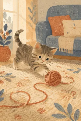 Curious Tabby Kitten with Yarn Ball