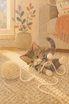 Playful Tabby Kitten With Cream Yarn