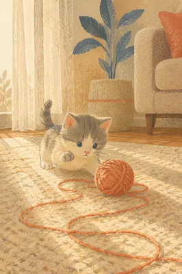 Playful Kitten With Yarn on Carpet