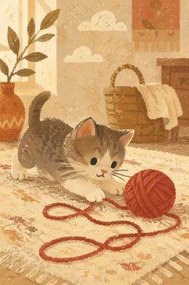 Fluffy Kitten Playing with Red Yarn