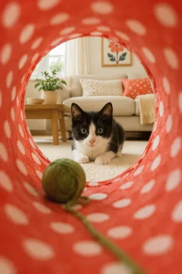 Playful Kitten in Red Tunnel