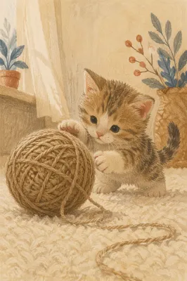 Fluffy Kitten Playing With Jute Yarn