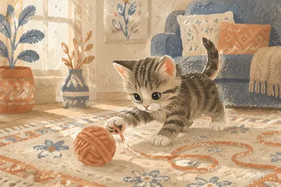 Curious Tabby Kitten Playing With Yarn