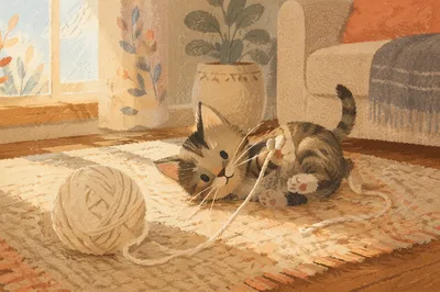Playful Tabby Kitten with Cream Yarn