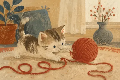 Playful Fluffy Kitten With Red Yarn