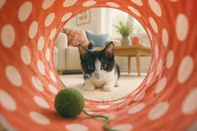 Curious Kitten in Red Play Tunnel