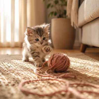 Playful Kitten With Yarn on Carpet