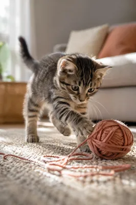 Curious Tabby Kitten Playing with Yarn