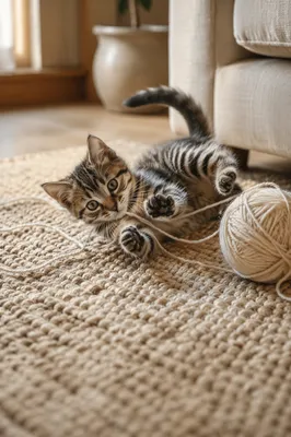 Playful Tabby Kitten with Cream Yarn