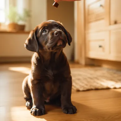 Hopeful Chocolate Labrador Puppy Looking Up