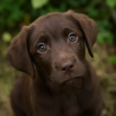 Chocolate Labrador Puppy Looking Up Outdoors