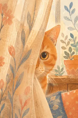 Curious Orange Tabby Behind Sheer Curtain