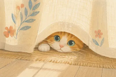 Curious Orange Cat Behind Cream Curtain