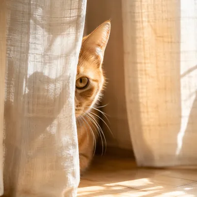 Curious Orange Tabby Behind Sheer Curtain