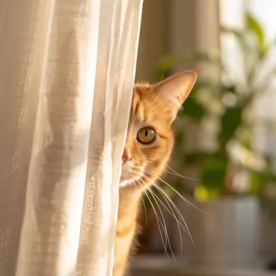 Curious Orange Tabby Behind Sheer Curtain