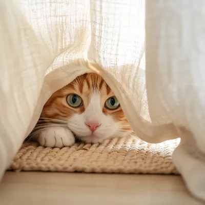 Curious Orange Cat Behind Cream Curtains