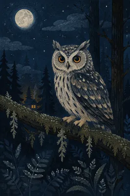 Moonlit Owl on Forest Branch Close-Up