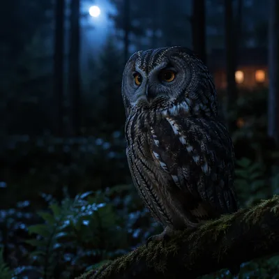 Moonlit Owl on Forest Branch