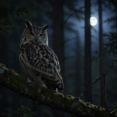 Moonlit Owl on Forest Branch