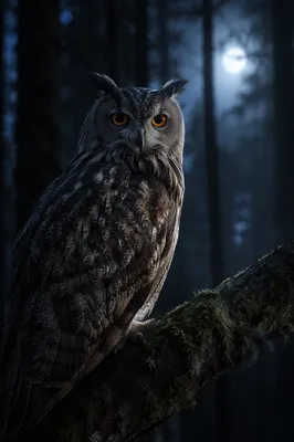 Moonlit Owl on Forest Branch