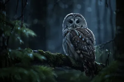 Moonlit Owl on Forest Branch Close-Up