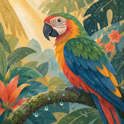 Colorful Tropical Parrot on Mossy Branch