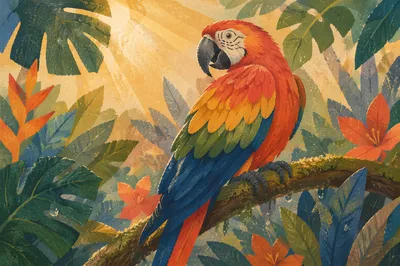 Vibrant Tropical Parrot on Mossy Branch