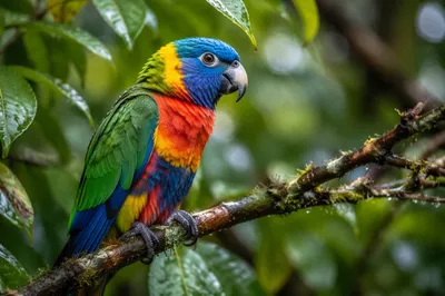 Colorful Tropical Parrot on Rainforest Branch