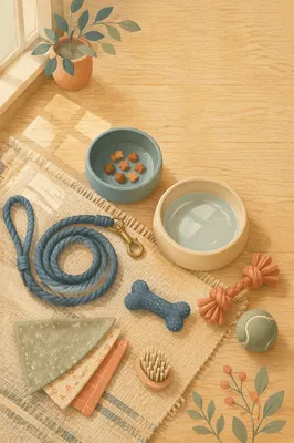 Pet Accessories Flat Lay on Oak Floor