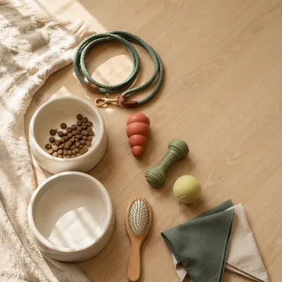 Pet Accessories Flat Lay on Oak Floor