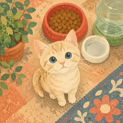 Curious Kitten by Food and Water Bowls