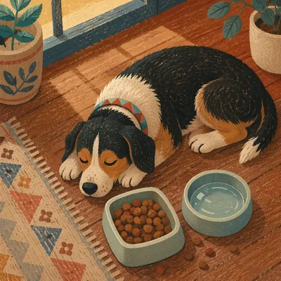 Relaxed Small Dog by Food Bowls