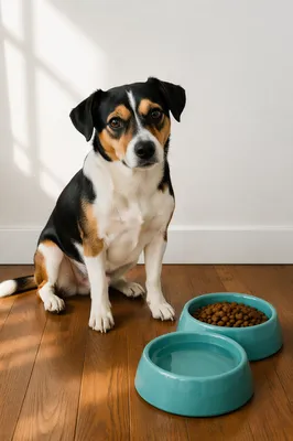 Tricolor Dog Beside Food and Water Bowls