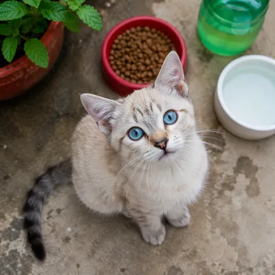 Curious Kitten by Food and Water Bowls