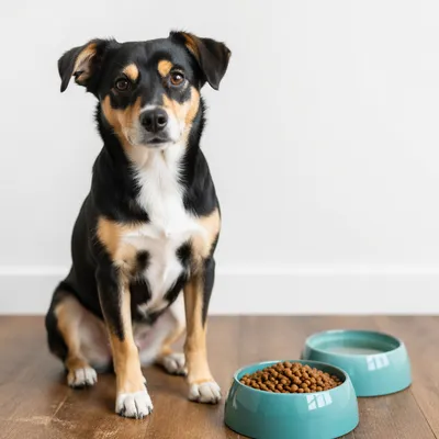 Tricolor Dog Waiting by Food Bowls